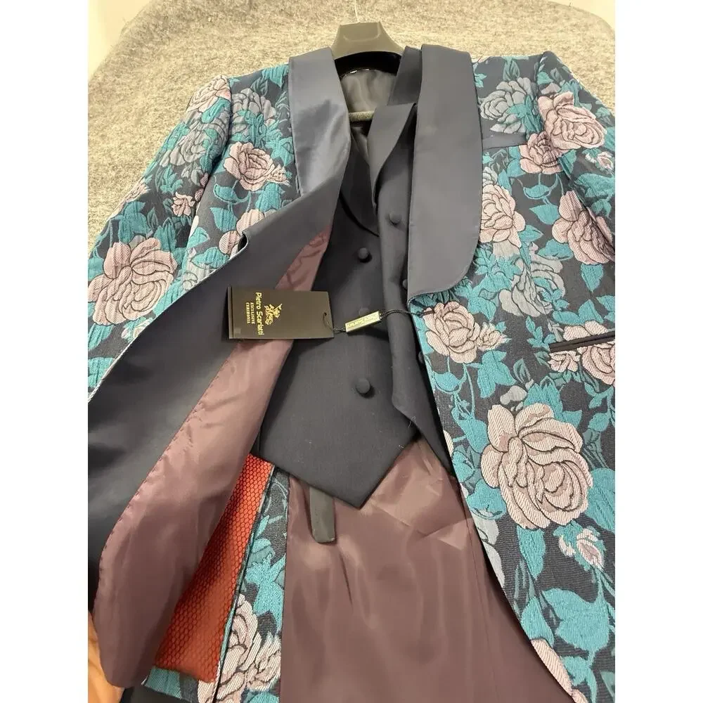 Pietro Scarlatti Mens Suit 3pc US 44 EU 54 Floral Blazer Vest Pants Blue T2